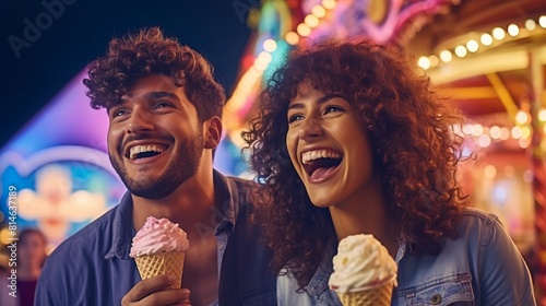 A young couple has fun and joy at an amusement park photo