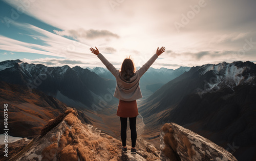 A woman stands on a mountain top, arms raised in the air