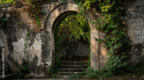 Enigmatic ancient stone archway shrouded in lush ivy in a serene, forgotten garden © Yusif