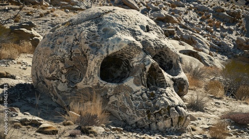 Giant Stone Skull in Desert Landscape 