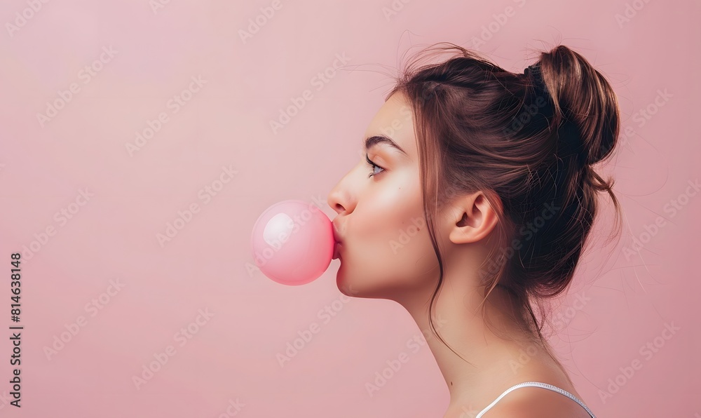 young woman blowing pink bubble gum, Generative AI young woman blowing pink bubble gum, Generative AI
