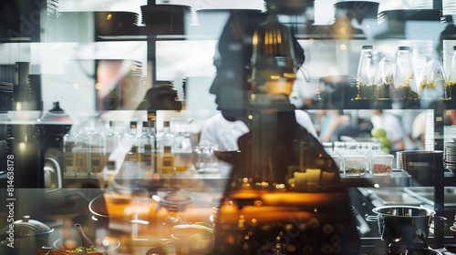 A blurry figure is seen standing behind a counter  partially obscured and out of focus in the foreground.