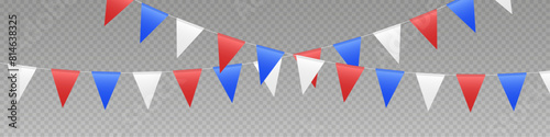 Bunting flags garland, USA party flags in red, blue and white colors. Patriotic pennant decoration for Independence Day. Vector illustration.