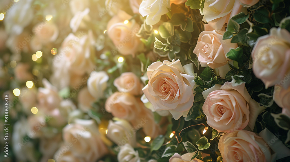 Romantic Floral Podium with Illuminated Roses. An enchanting display of artificial white roses against a leafy backdrop, softly illuminated by tiny golden lights, creating a perfect setting for romant Romantic Floral Podium with Illuminated Roses. An enchanting display of artificial white roses against a leafy backdrop, softly illuminated by tiny golden lights, creating a perfect setting for romant