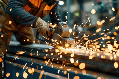 Industrial worker cutting steel with angle grinder. Sparks while grinding iron © ffunn