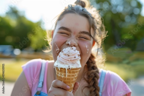 joyful overweight girl savoring ice cream on summer day body positivity portrait