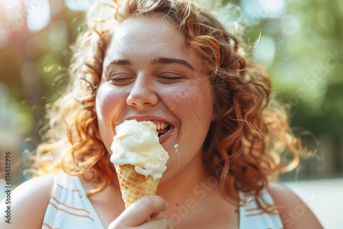 joyful overweight girl savoring ice cream on summer day body positivity portrait