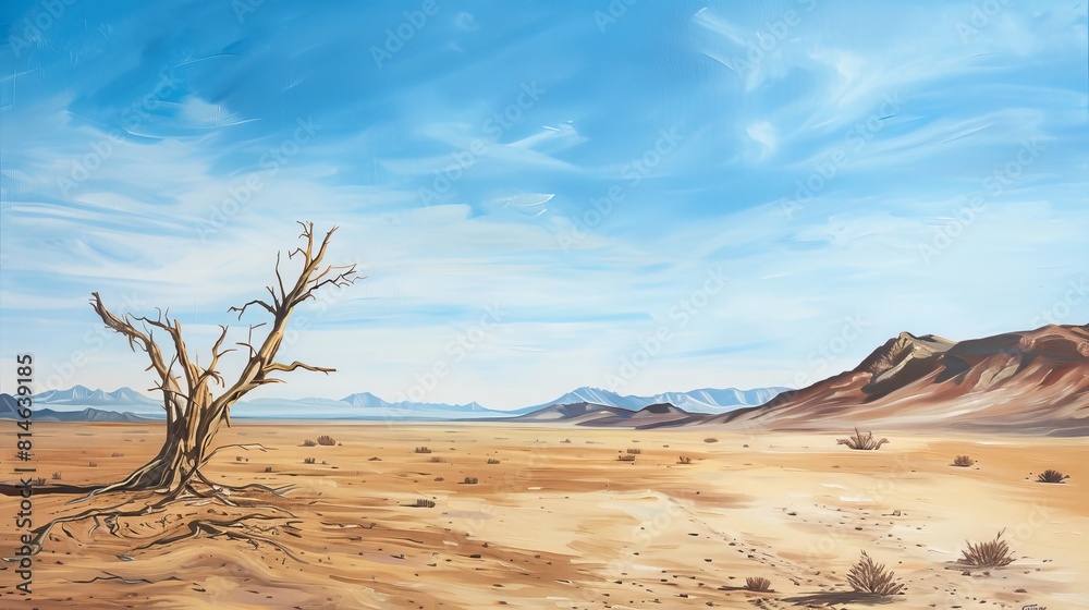 Expansive desert landscape under a vivid blue sky with fluffy clouds and distant mountains