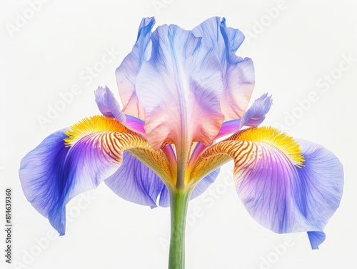 Iris Iris displaying its wisdom and valor through its unique, strikingly shaped blooms and bold colors, isolated on white background.