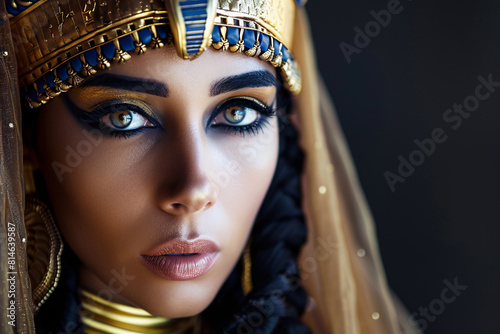 Face of woman with beautiful Cleopatra style makeup and accessories