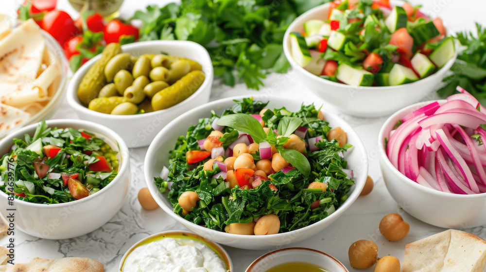 Lebanese national cuisine, dishes in plates and bowls on the table, tabbouleh, fattoush, hummus, pickles, restaurant, cafe, Middle East, delicious food, meal, salad, recipe, white background