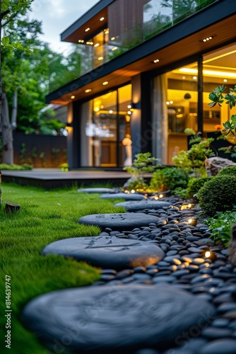 A house with a large yard and a pathway made of black rocks