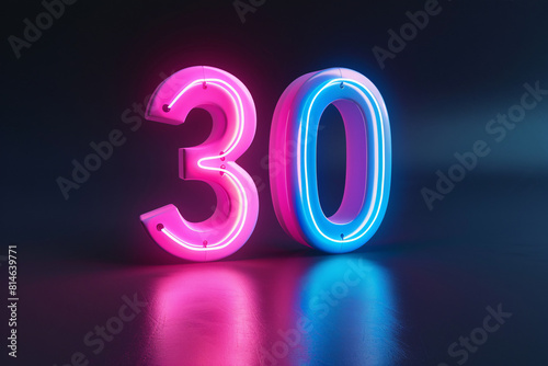 Neon pink and blue glowing number 30 on dark background