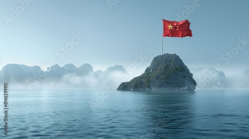 majestic Chinese flag gracefully waves over a tranquil body of water, symbolizing strength, unity, and national pride. photo