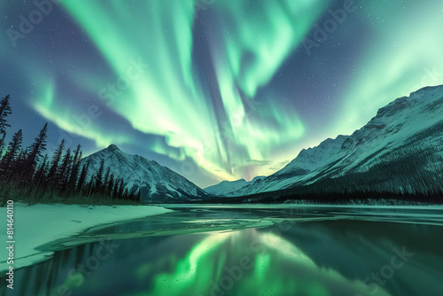 Aurora borealis over snow-capped mountains and reflective lake at night