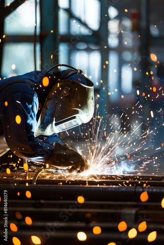 Welder working with protective mask welding metal in the factory. Metalwork manufacturing and construction concept