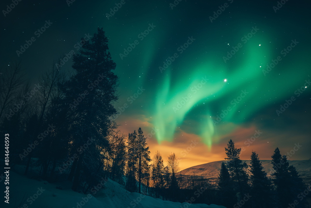 Aurora borealis illuminates snowy landscape Aurora borealis illuminates snowy landscape