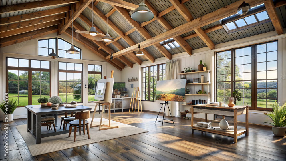 Farmhouse interior design style art studio with exposed wooden beams