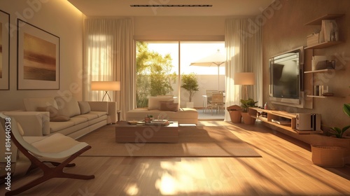 The Harmony of Space A  Photo Illustration of Modern Interior Design  Showcasing an Apartment with a Well-Appointed Dining Room and an Inviting Empty Living Room with Beige Walls