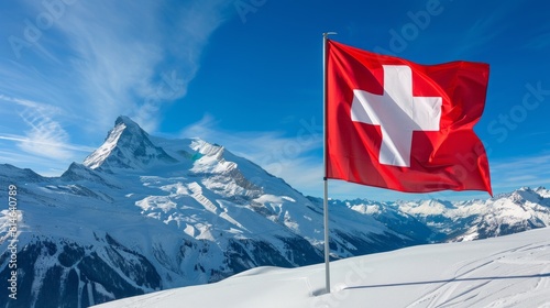 Swiss flag flutters in the crisp mountain breeze atop a snowy peak, symbolizing national pride and breathtaking alpine beauty.