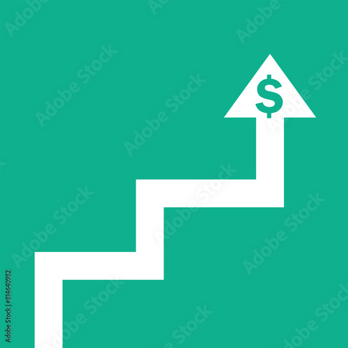 business arrow pointing up zig zag shaped like stairs with dollar symbol represents wealth increases photo