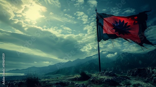 dramatic scene unfolds as a black and red flag flutters proudly atop a towering mountain peak, against a backdrop of clear blue skies.