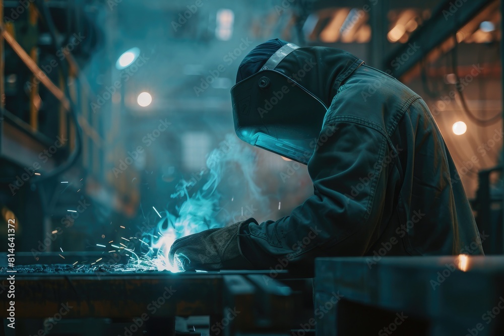 Welder working with protective mask welding metal in the factory. Metalwork manufacturing and construction concept Welder working with protective mask welding metal in the factory. Metalwork manufacturing and construction concept