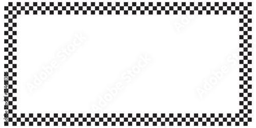 Rectangle frame with checkered print on borders. Rectangular vignette with checkerboard, race flag or chess game pattern isolated on white background. Vector graphic illistration photo