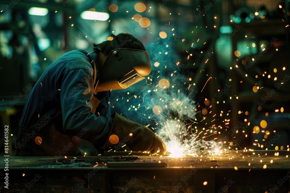 Welder working with protective mask welding metal in the factory. Metalwork manufacturing and construction concept Welder working with protective mask welding metal in the factory. Metalwork manufacturing and construction concept