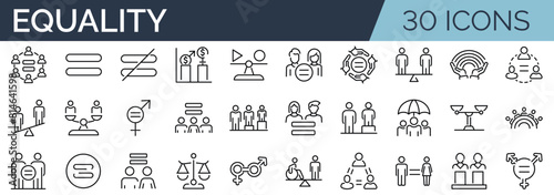 Set of 30 outline icons related to equality. Linear icon collection. Editable stroke. Vector illustration