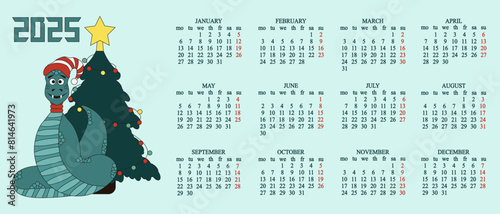 Horizontal Vector 2025 annual Calendar design with Chinese New Year luna symbol and european date grid. Cute green Snake and 2025 Calendar template.