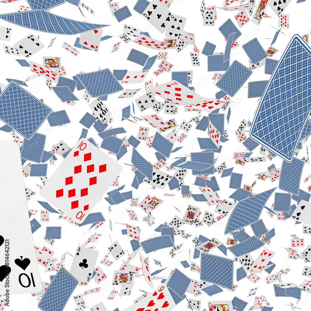 Flying playing cards on transparent background, abstract chaos of flying cards in the air