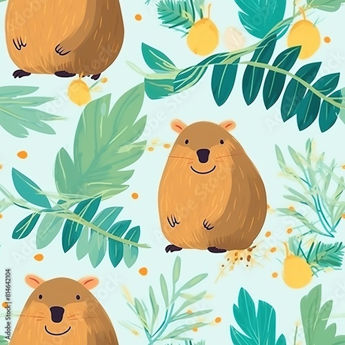 Wallpaper Mural A modern seamless capybara pattern with green leaves in a clearing. Fashionable seamless animal-style background with different leaves and flowers. Children's print. Torontodigital.ca