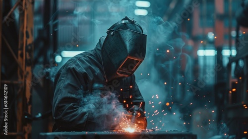 Welder working with protective mask welding metal in the factory. Metalwork manufacturing and construction concept