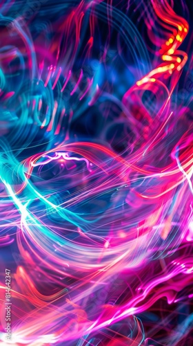 Various colorful lights are blurred against a stark black background  creating a vibrant and dynamic visual effect.
