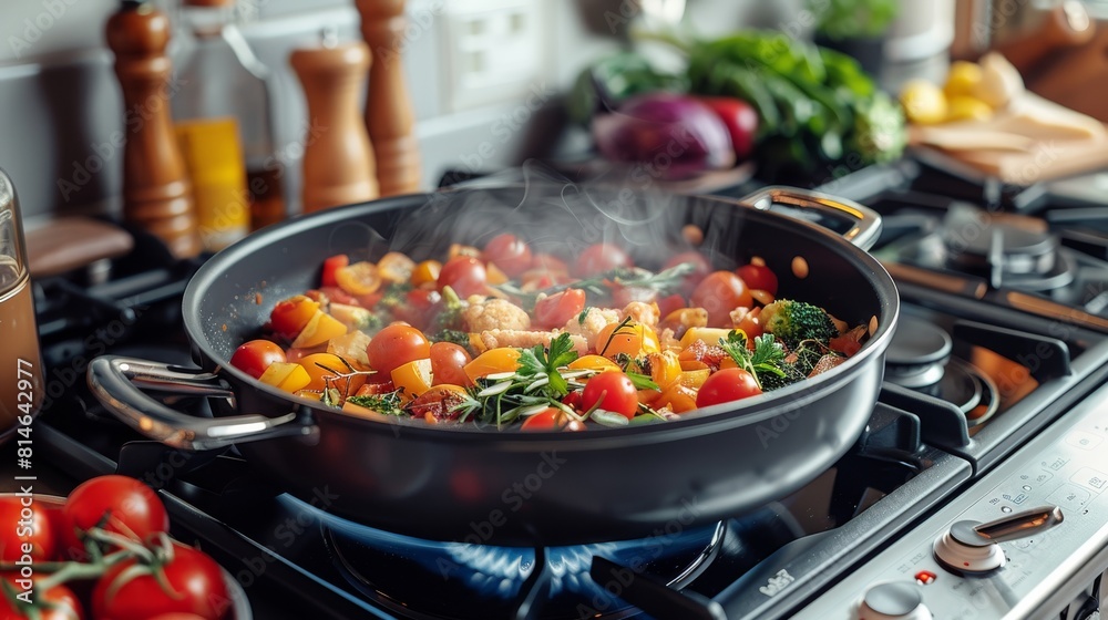 The pot is gray with lots of food in it. Generative AI. The pot is gray with lots of food in it. Generative AI.