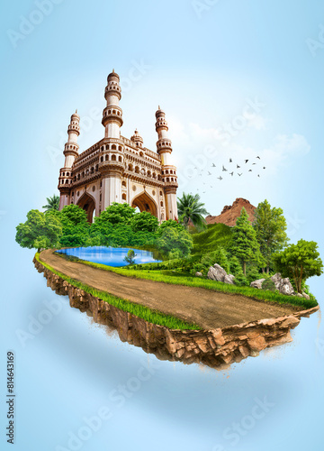 Fotografie 3d illustration of piece of green highway road isolated, creative travel and tourism off-road design trees Charminar in Hyderabad, India