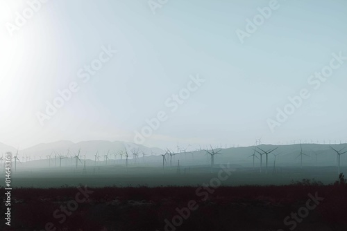 Scenic landscape with an array of wind turbines against a backdrop of an overcast sky