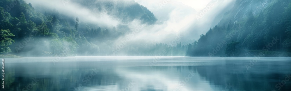 A stunning body of water nestled amidst towering mountains and lush green trees. The lake reflects the majestic peaks and vibrant foliage under a clear sky. A stunning body of water nestled amidst towering mountains and lush green trees. The lake reflects the majestic peaks and vibrant foliage under a clear sky.