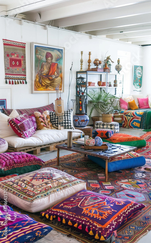 Spacious and eclectic living room with vibrant colors and bohemian chic style, featuring a mix of patterns, textures, and styles.  © Aleksandra