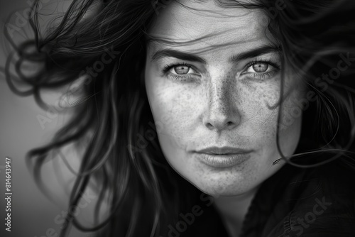 pensive woman with soulful eyes and windswept hair evocative black and white portrait