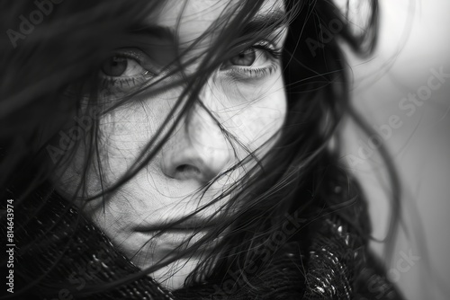 pensive woman with soulful eyes and windswept hair evocative black and white portrait