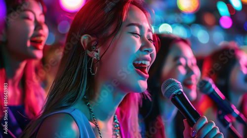 asian young women singing karaoke, girls, microphone, singer, music group, song, korean, k-pop, portrait, vocal, chinese, japanese, face, people, person, voice, performance, concert, musical