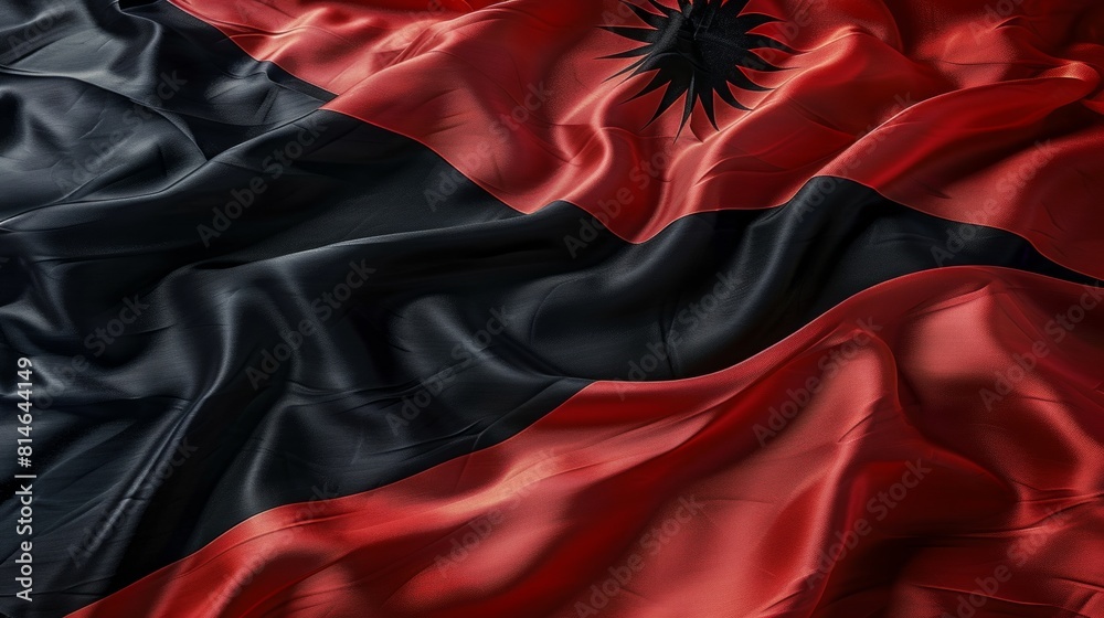 vibrant red and deep black flag billowing gracefully in the wind, creating a striking visual contrast against the sky.