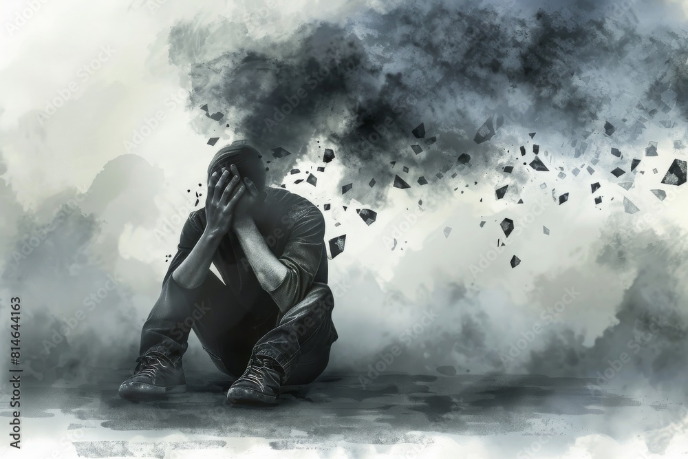 An Artistic Illustration of a Man with His Head in His Hands, Surrounded by Colorful Splashes Representing Stress, Anxiety, and Emotional Turmoil, Generative AI An Artistic Illustration of a Man with His Head in His Hands, Surrounded by Colorful Splashes Representing Stress, Anxiety, and Emotional Turmoil, Generative AI