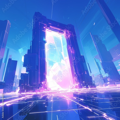 Futuristic scene with a glowing crystal gate, casting rainbow hues, set against a stark, neonilluminated background, clear surfaces photo