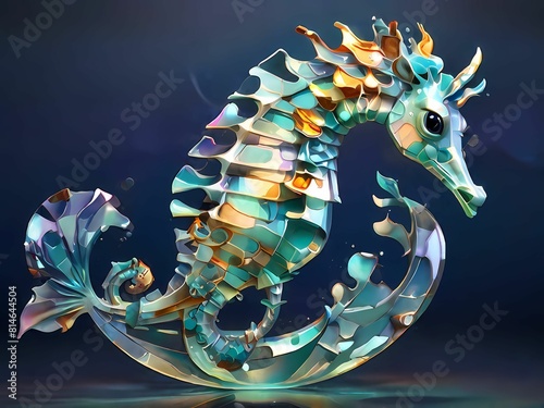 Generate a holographic representation of a seahorse, abstracted into dynamic geometric forms and patterns that convey the whimsical shape and graceful movements of these marine creatures. photo