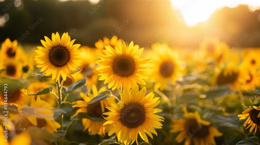 Golden sunflowers blooming in field at sunset, vibrant summertime scenic beauty