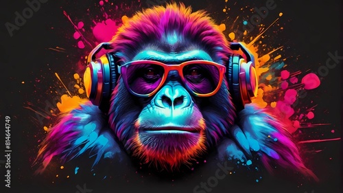 adorable orangutan wear headphone and sunglasses wtih neon art illustration