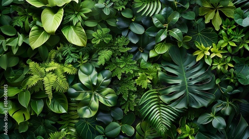 Green living wall with different plants and foliage, Vertically arranged greenery background. Nature background. Landscape design. Garden backdrop. Top down view. Generative AI.